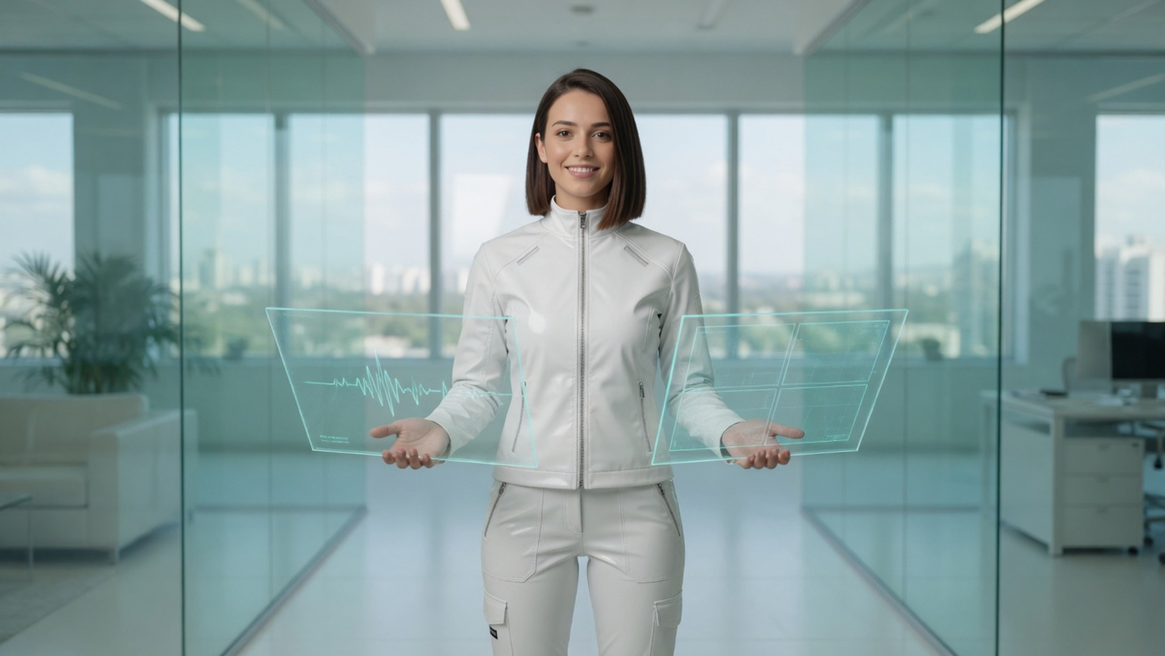 Full-length Sessi holding two transparent holographic glass control panels in a bright SESI White studio